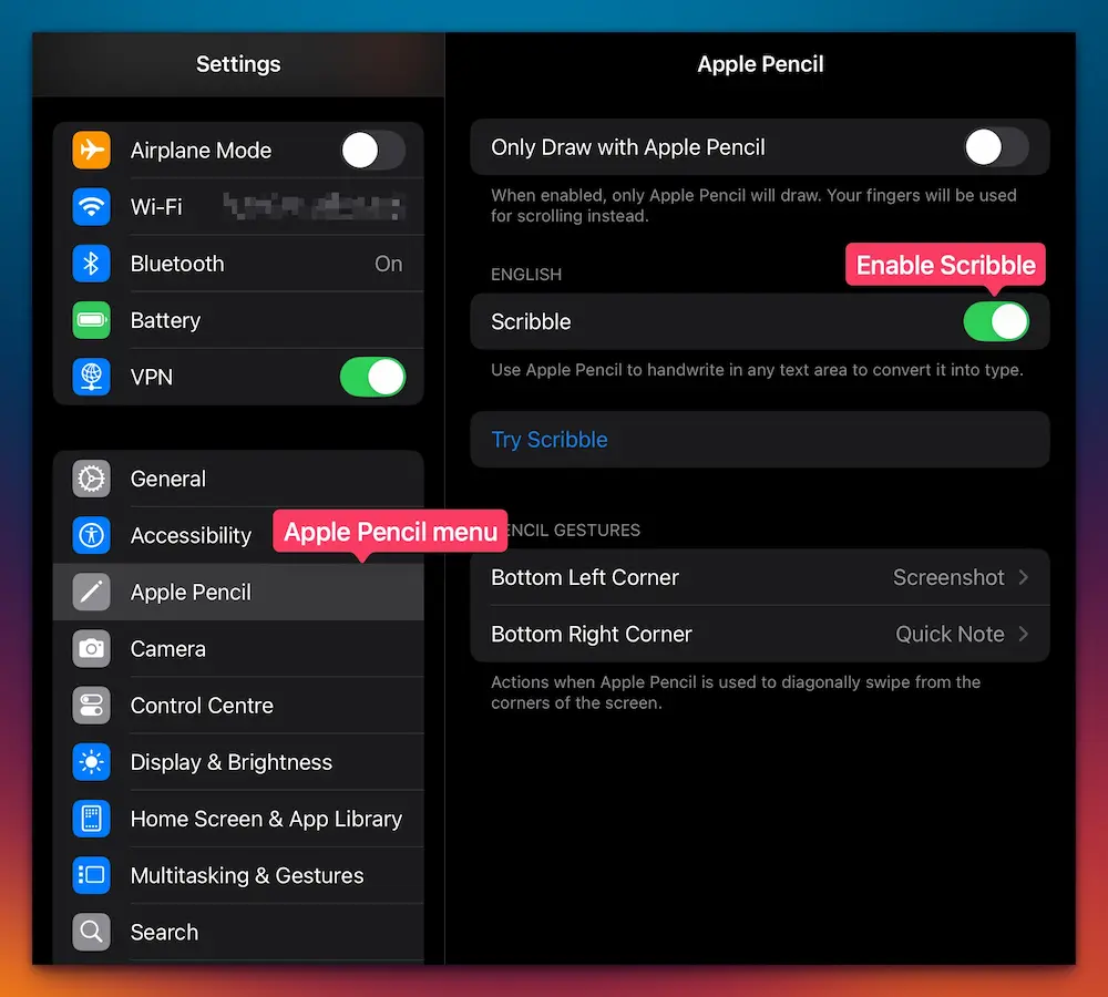 Enable Scribble in your iPad's Apple Pencil settings.