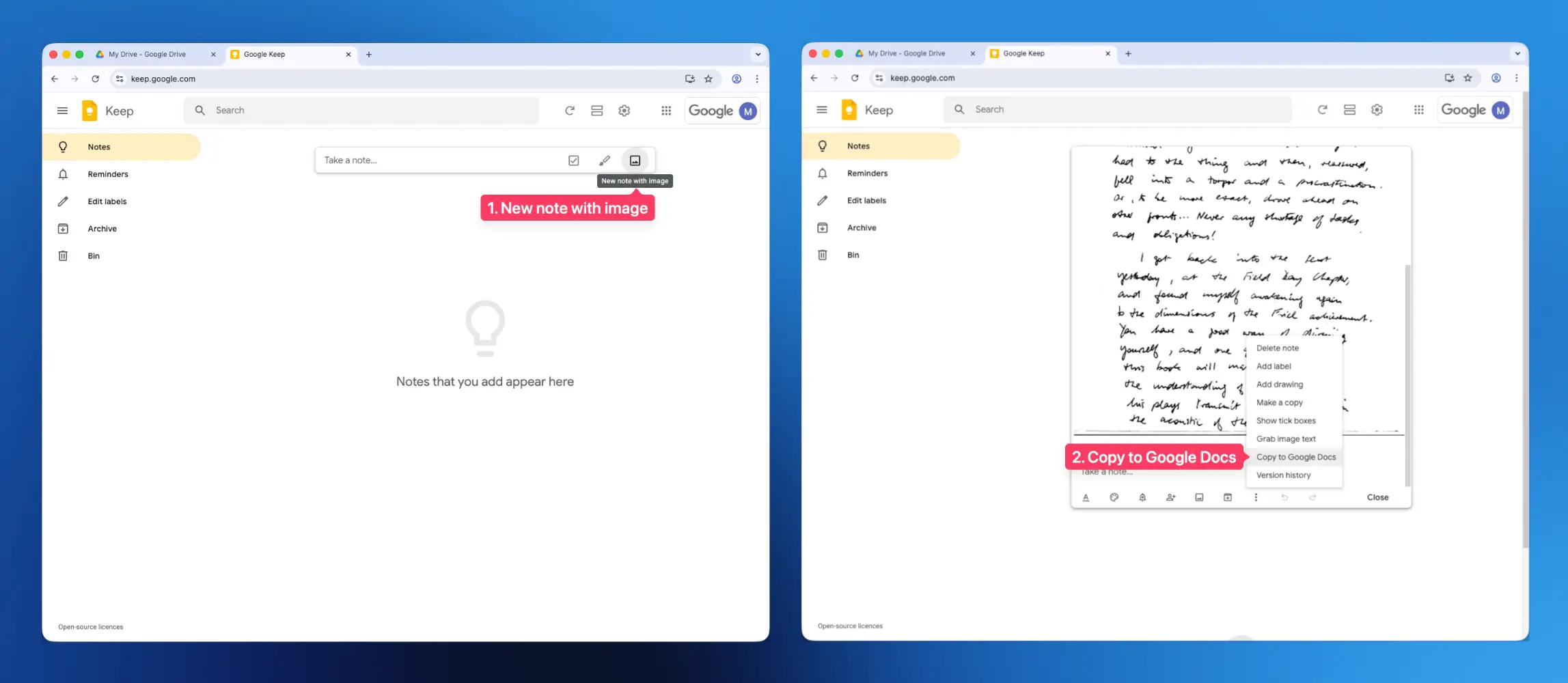 Converting a handwritten document in Google Keep Convert a handwritten document in Google Keep.