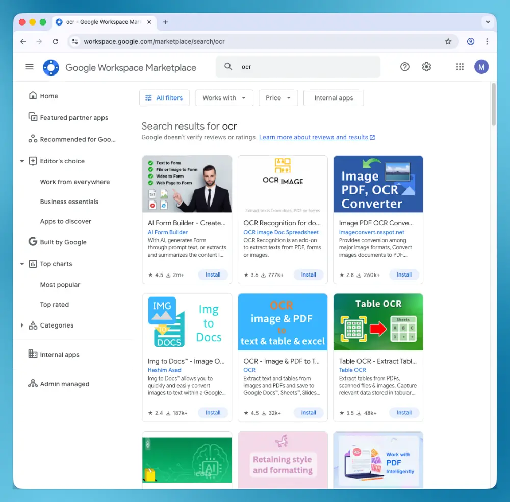 Google Workspace Marketplace OCR extensions Google's Workspace Marketplace offers OCR extensions.