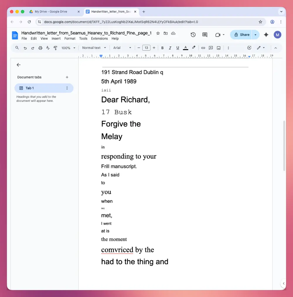 Google's OCR doesn't perform well with handwritten documents.