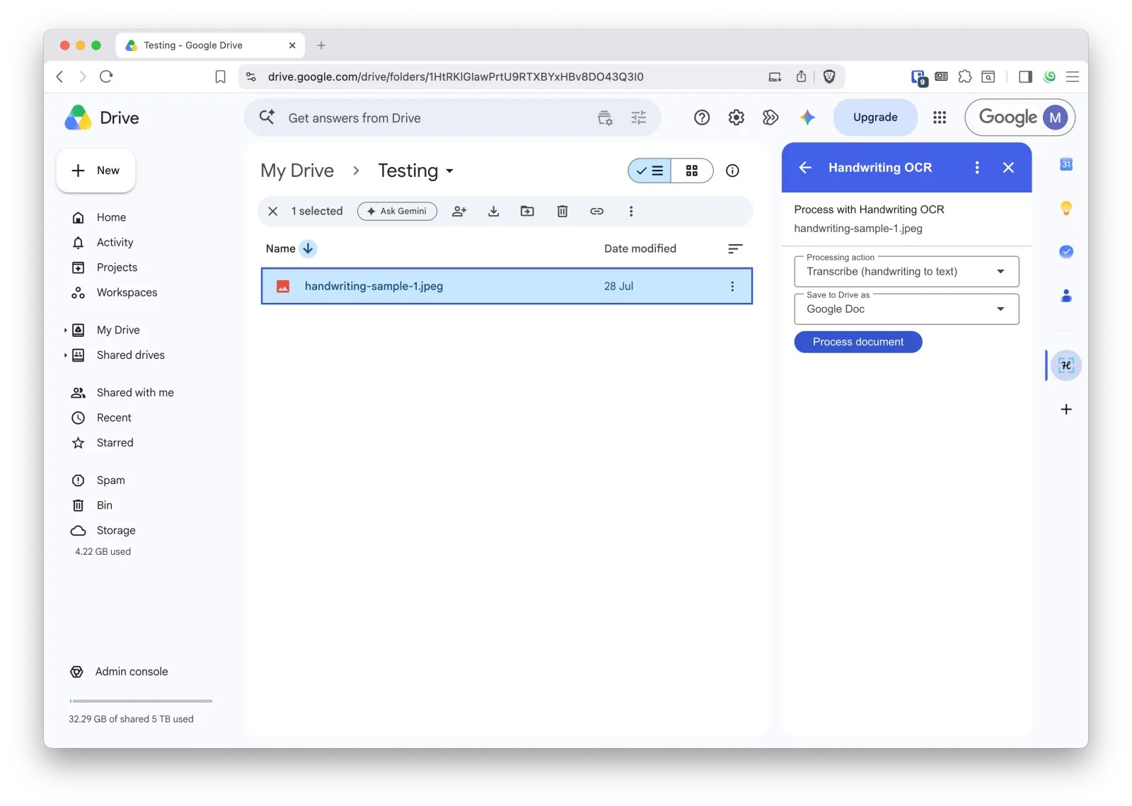 Processing a scanned file from the Google Drive sidebar with the Handwriting OCR add-on The Handwriting OCR add-on in the Google Drive sidebar