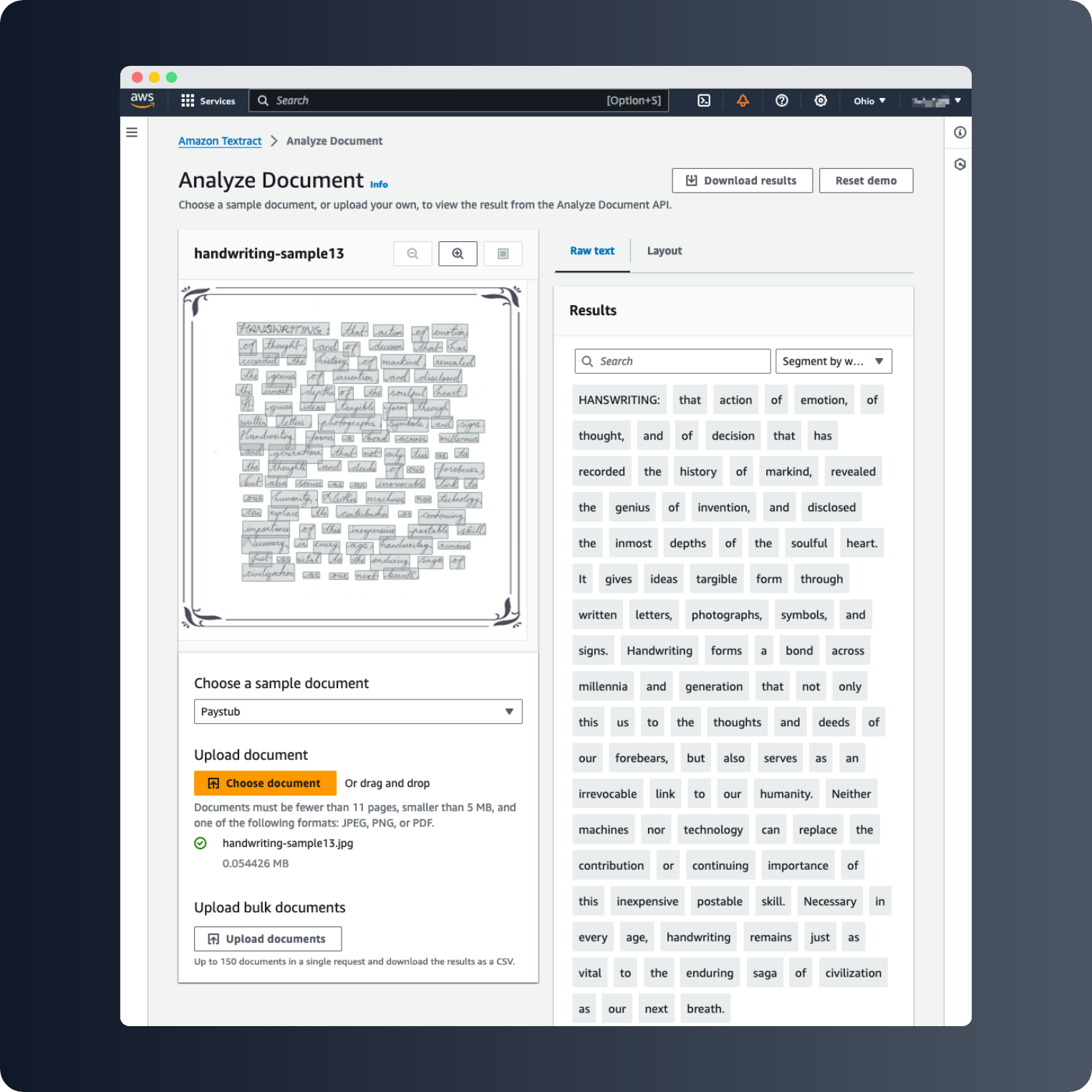 Amazon Textract OCR results